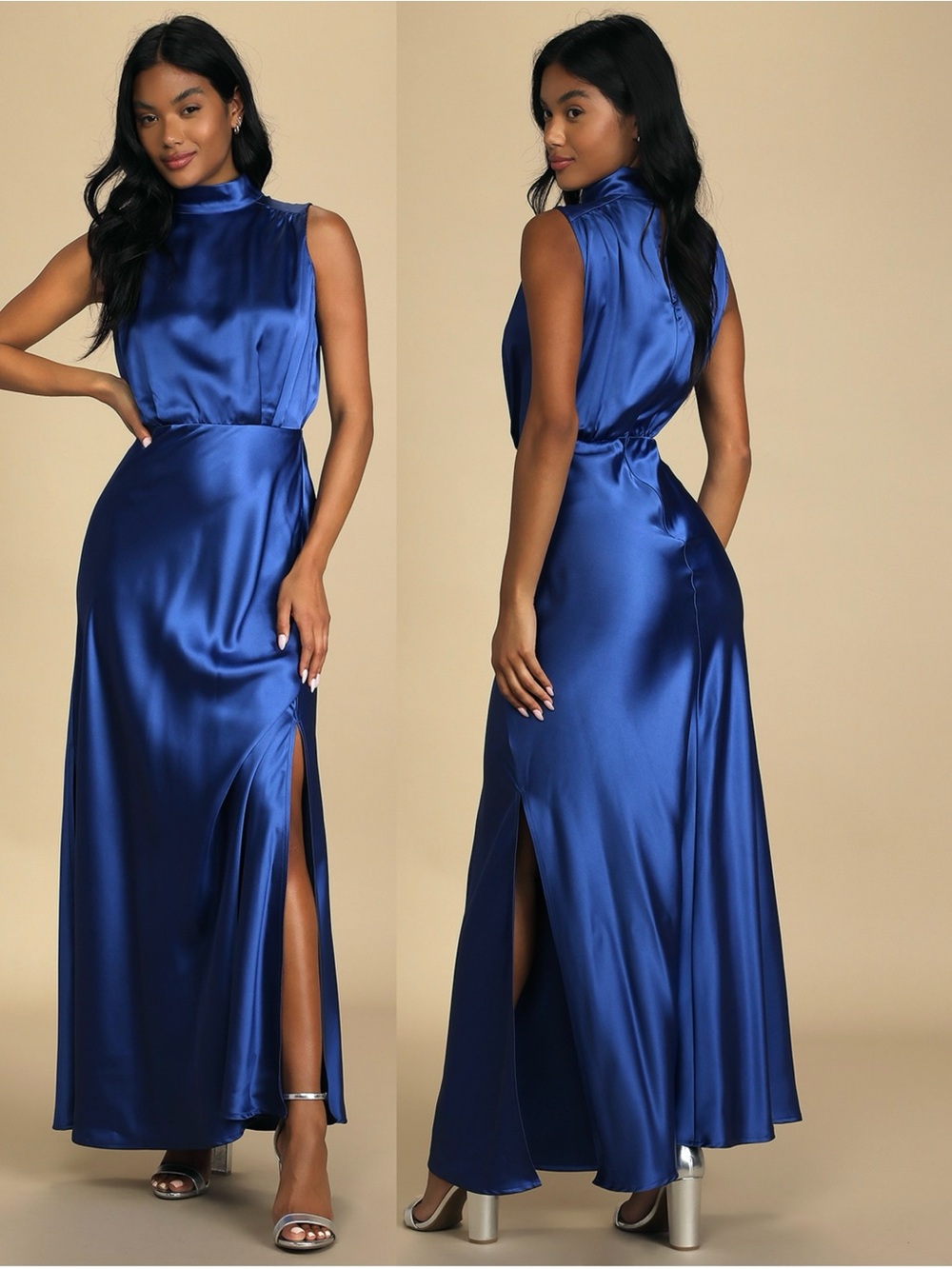 LULUS Sapphire Satin High Neck Side Slit Old Money Wedding Guest Dress Small